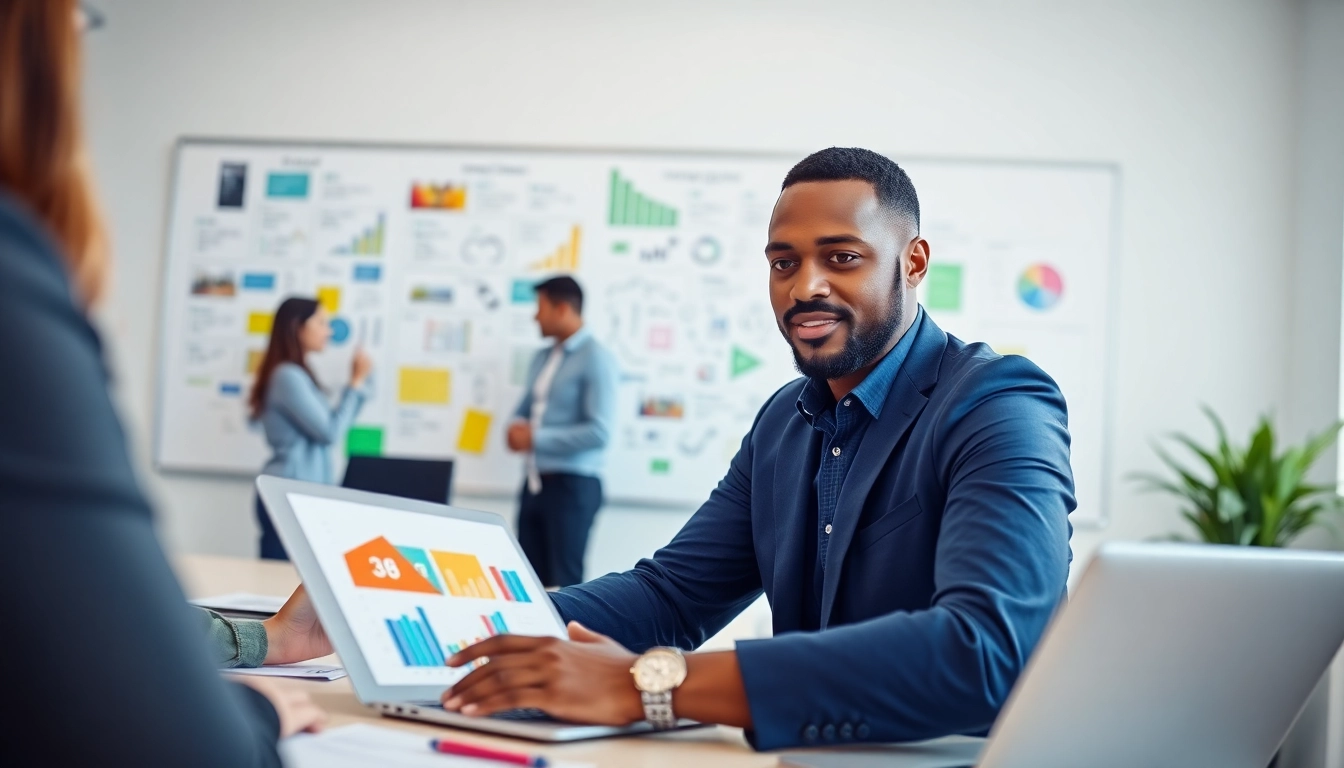 Marketing manager analyzing strategies in a bright office, showcasing leadership and teamwork.