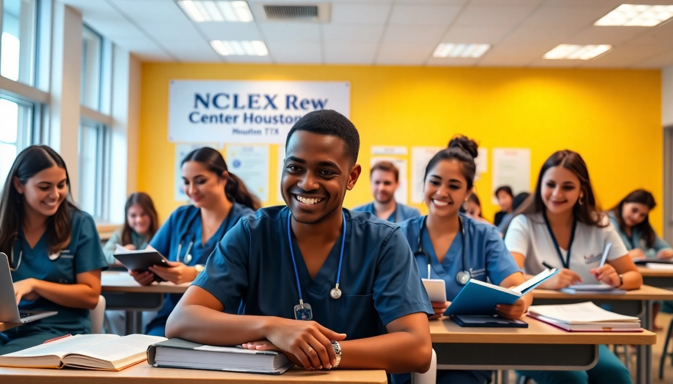 Students engaged in a study session at an NCLEX review center Houston TX, highlighting collaboration and education.