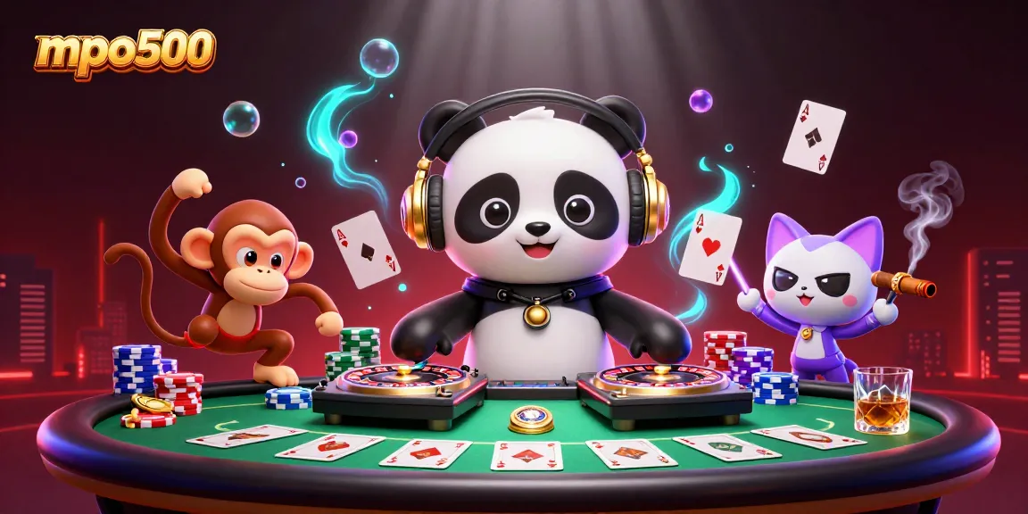 Engage with mpo500's lively gaming scene featuring DJ panda, breakdancing monkey, and rave kitten.