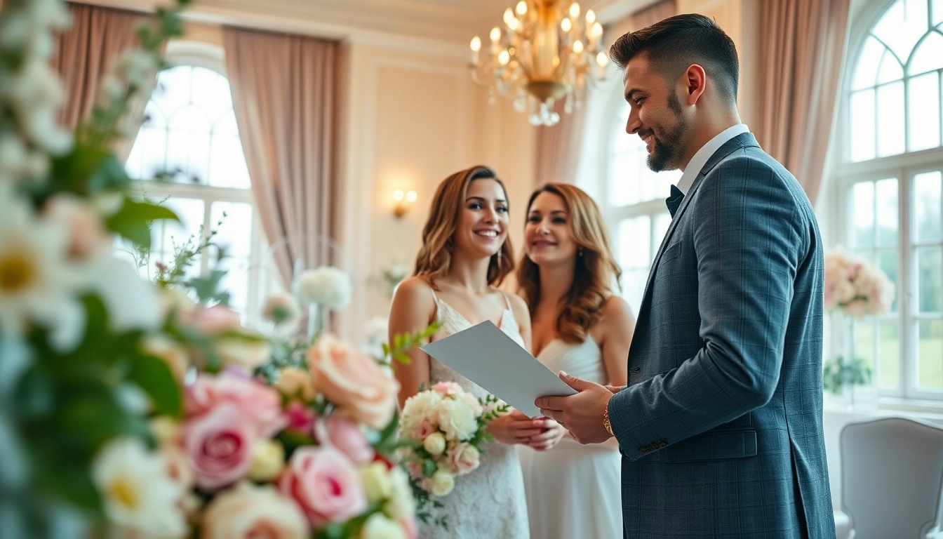 Engaged couple consults with their dc wedding planner amidst an elegant wedding setup.