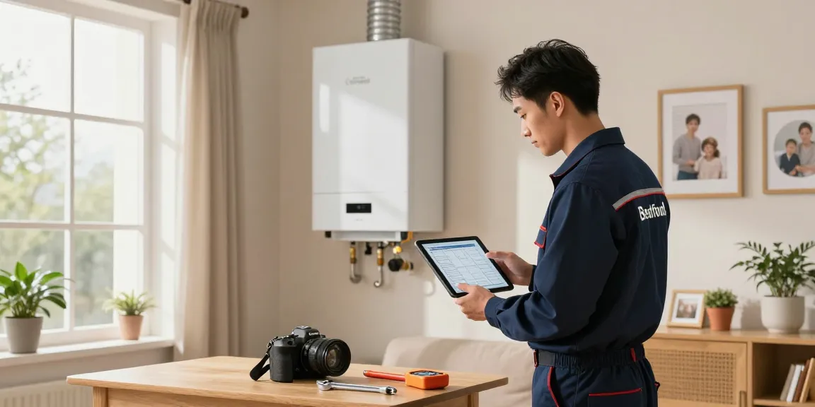 Expert boiler and heating specialist in Bedford inspecting modern heating system in cozy home.