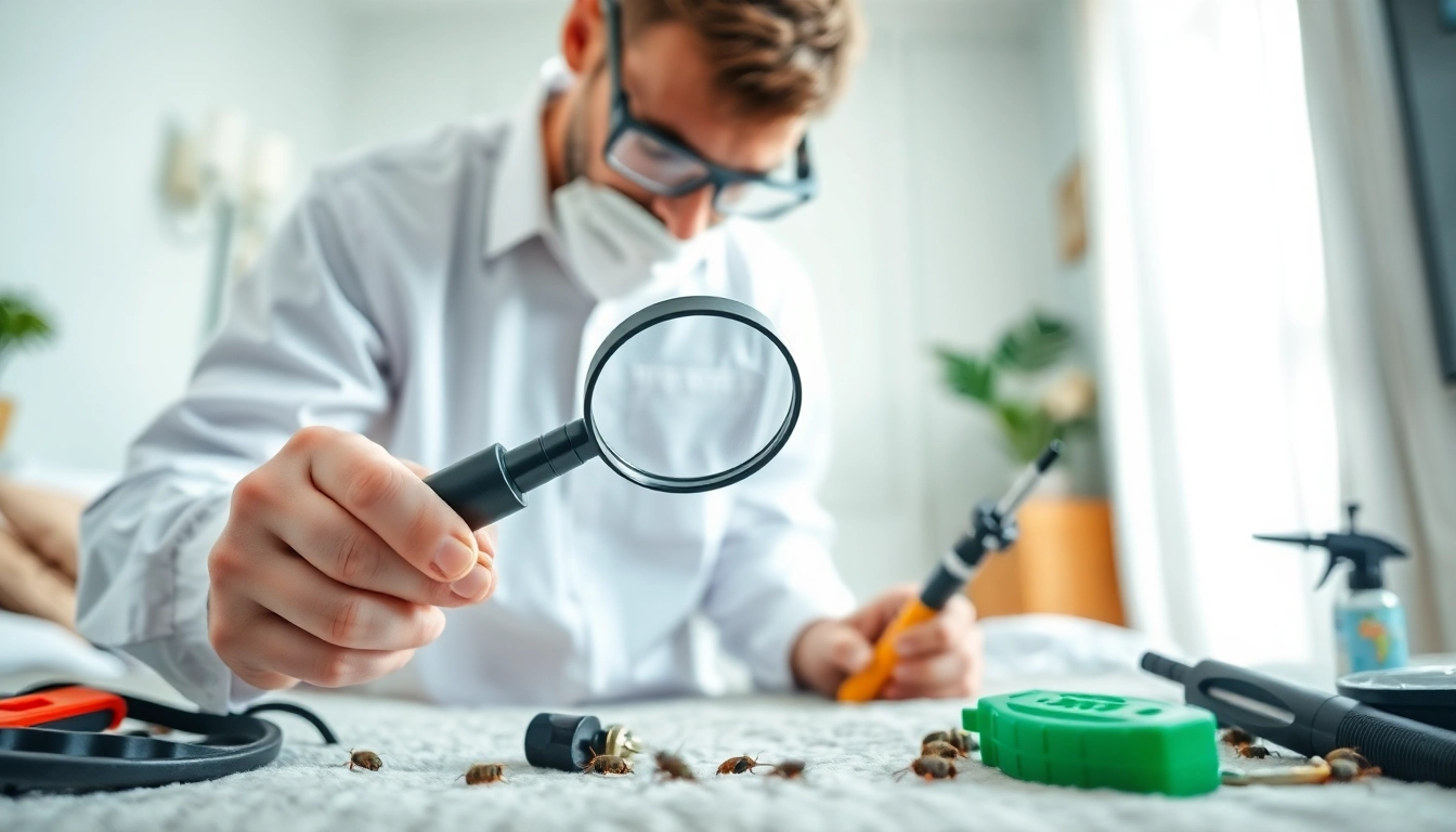 Examine bed bug pest control with a professional technician using tools for inspection.