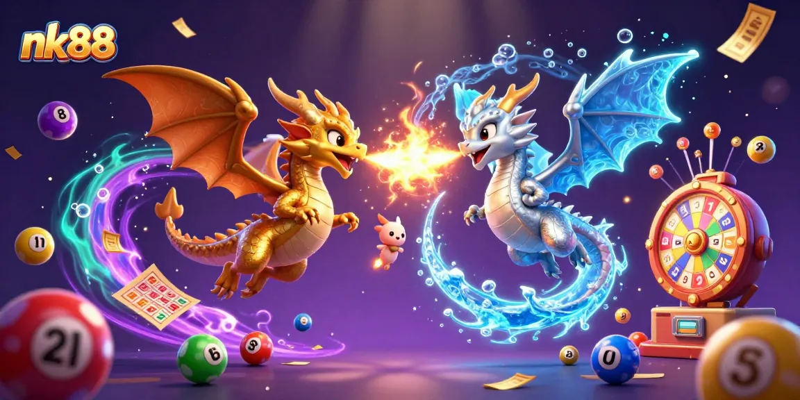 Engage with nk88 through vibrant lottery games as depicted by dynamic dragons and colorful elements.