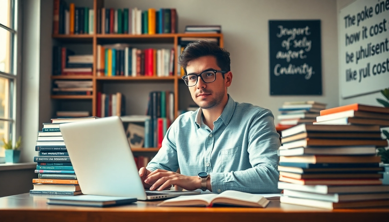 Learn how much to self publish with a professional author writing at a cozy desk.