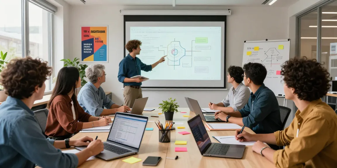 Team brainstorming on how to build internal tools with AI in a modern office.