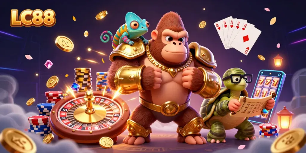 Engage with LC88 as a powerful gorilla king and colorful companions dominate the casino scene.