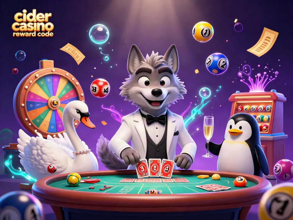 Engage with the Cider Casino reward code in this vibrant casino-themed illustration featuring a debonair wolf and elegant characters.