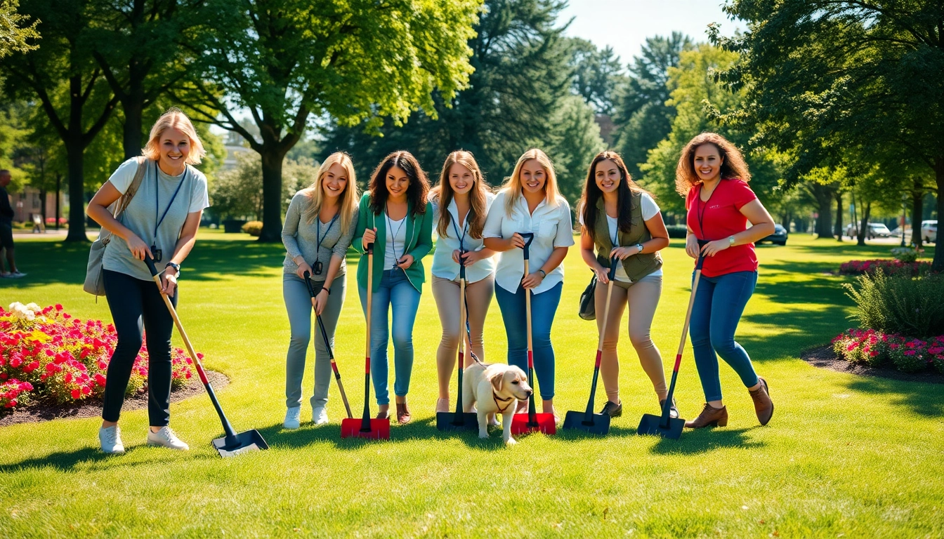 Dedicated team from a pooper scooper company cleaning a vibrant park with friendly smiles.