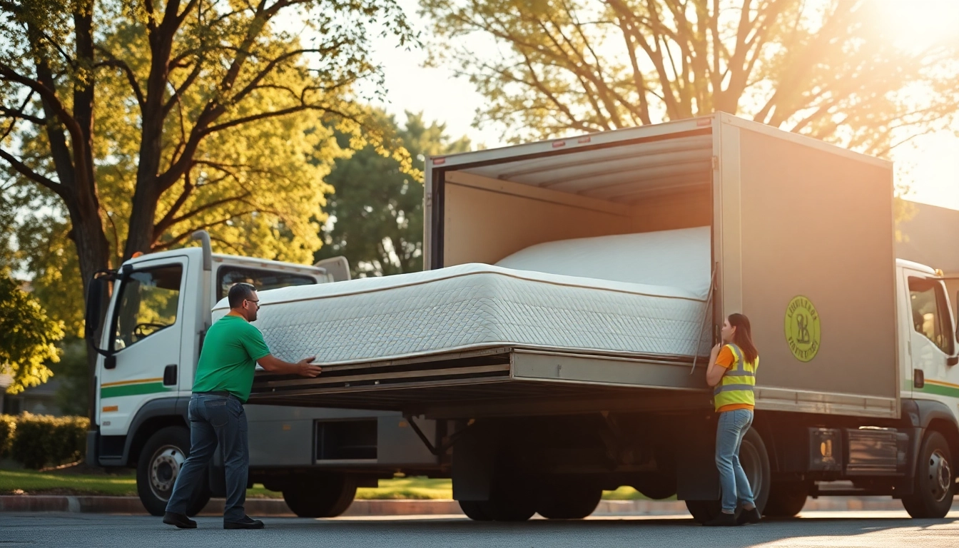 Efficient mattress disposal process being carried out by professionals in a clean environment.