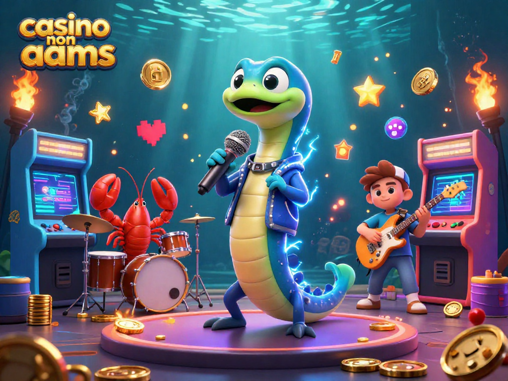 Giocando in un casino non AAMS, un'anguilla elettrica DJ si esibisce con una band in un palcoscenico sottomarino luminoso.