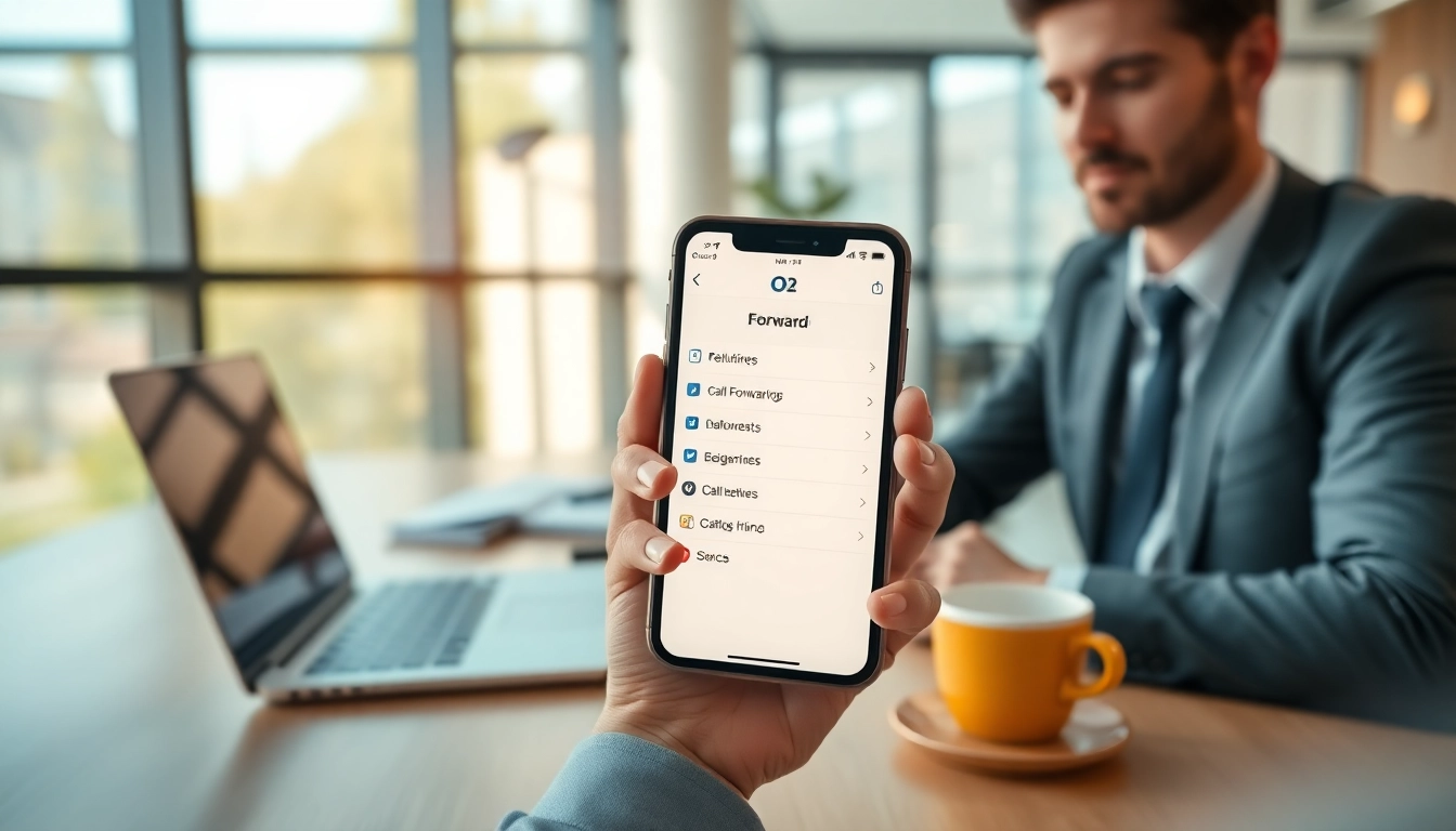 Setting up call forwarding on O2 with a smartphone in a modern office space.