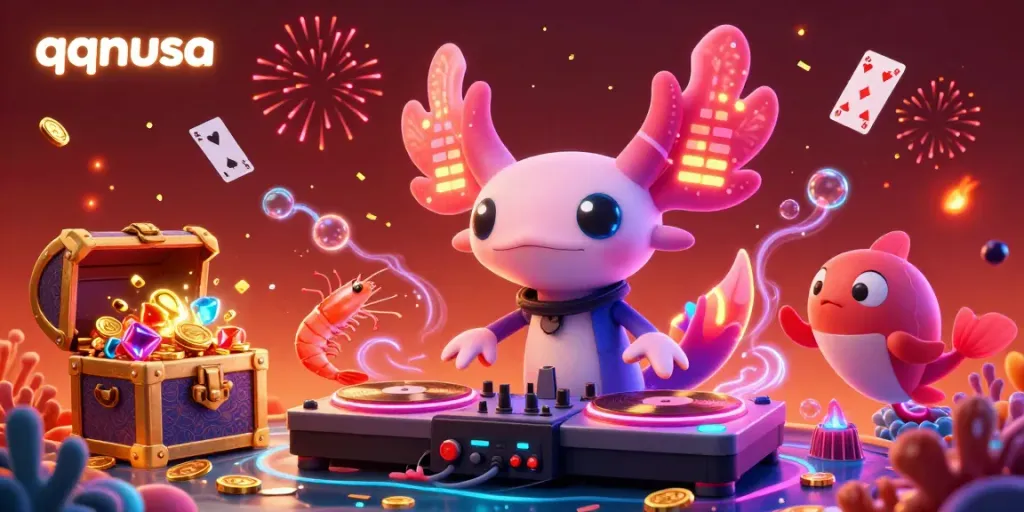 Experience the vibrant world of qqnusa with a colorful DJ scene featuring animated characters and casino elements.