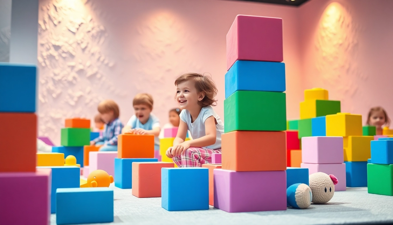 Children creating imaginative structures with giant building blocks for additional information.