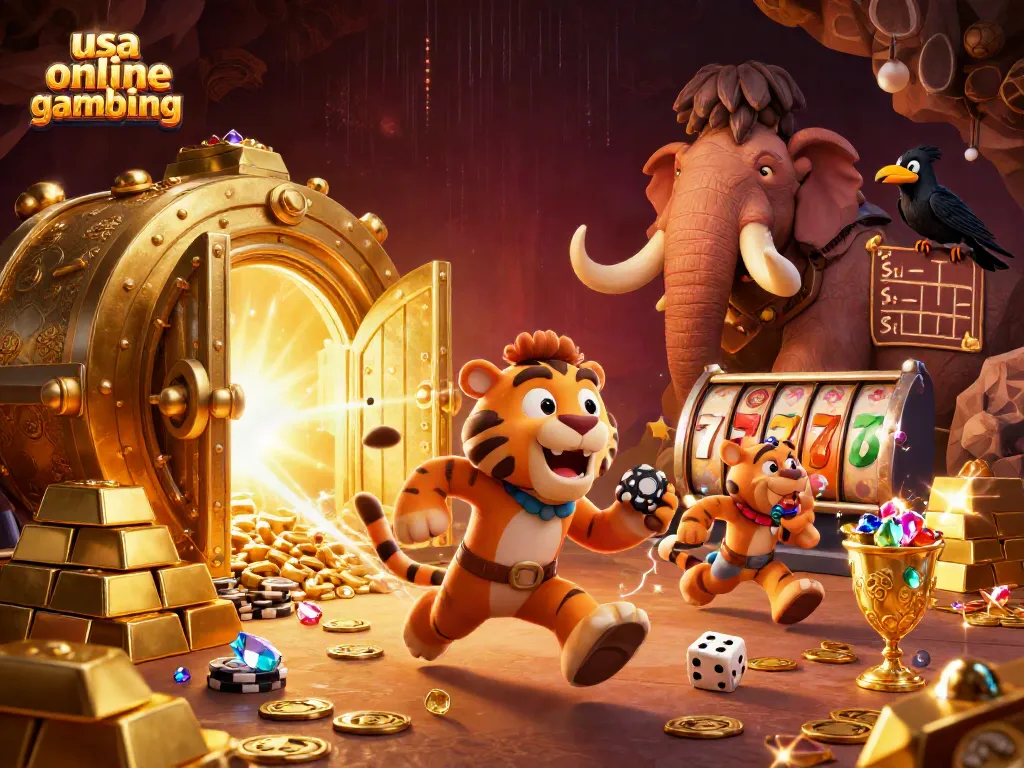 Experience usa online gambling with animated cavemen, gems, and vibrant casino actions.
