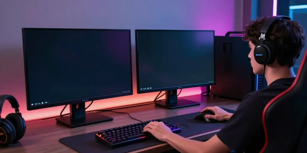 Engaging online gaming setup showcasing Singatoto features with dual monitors and LED accents.