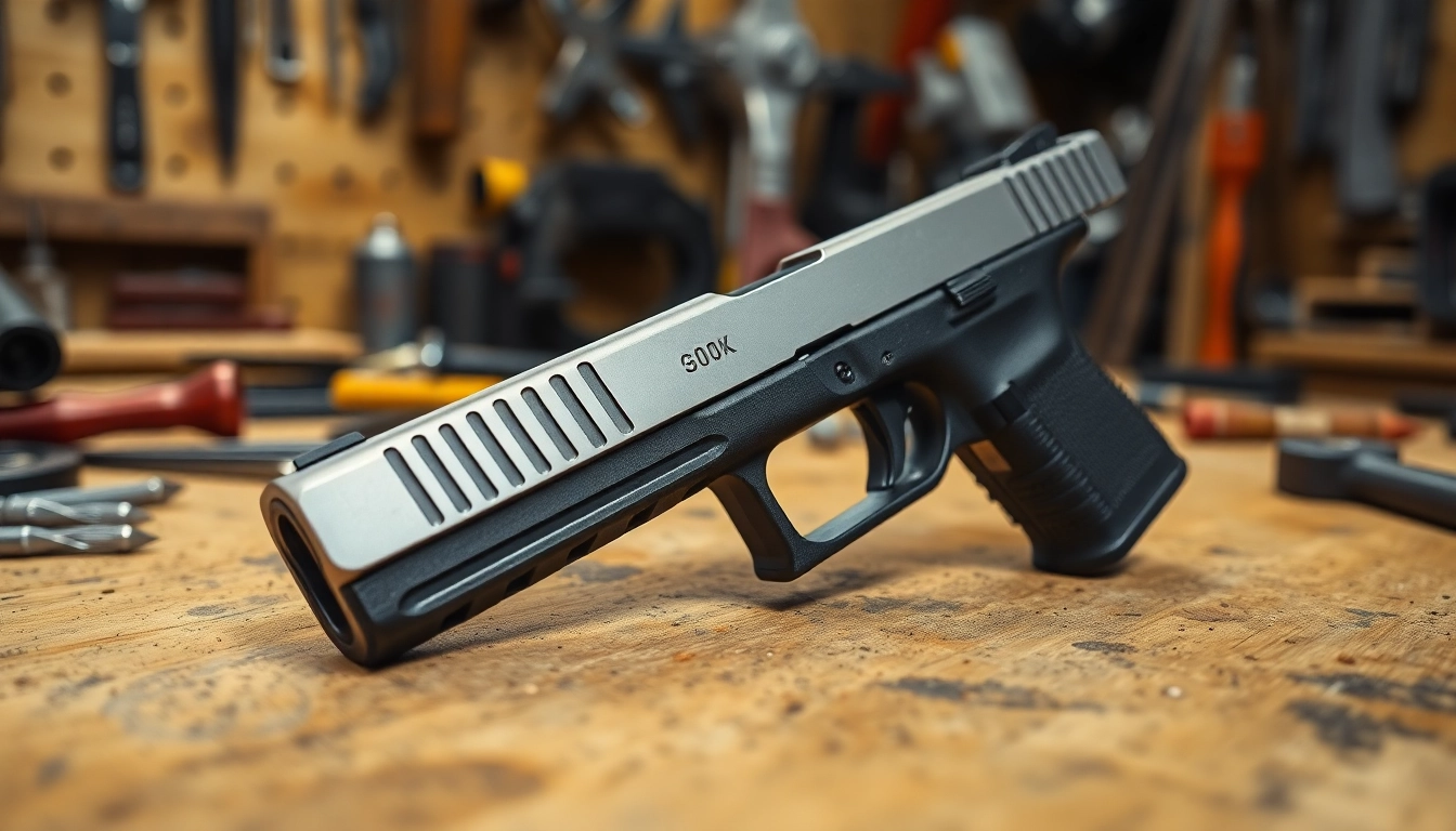Showcase glock 43 slide with details focused on craftsmanship and design in an inviting workshop setting.