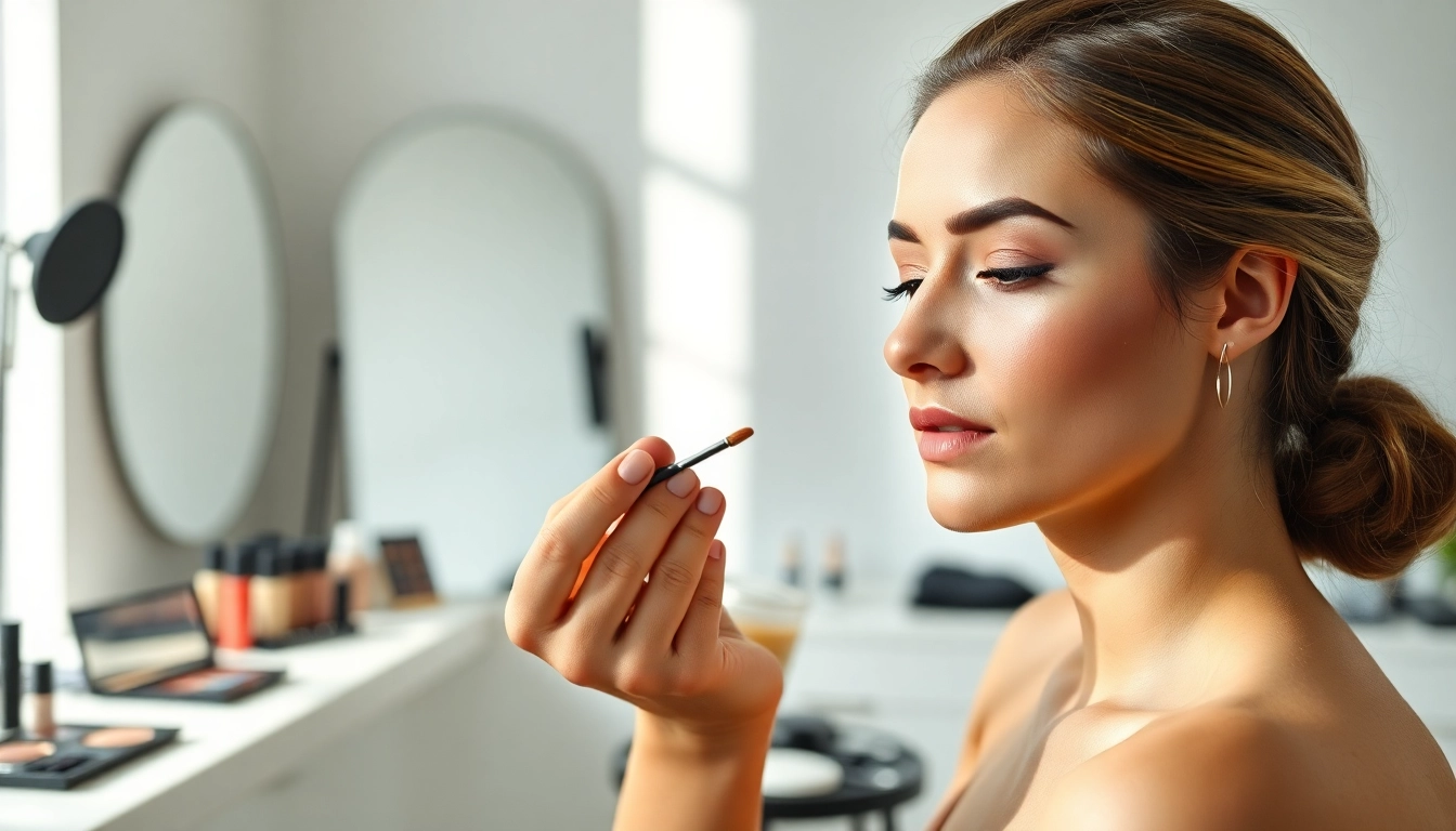 Professional makeup artist skillfully applying makeup on a model during a beauty session.