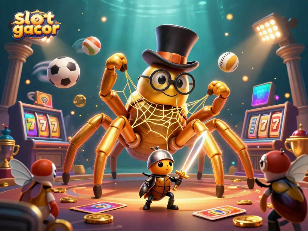 Engage in thrilling Slot gacor experiences with a golden tarantula and beetle knight in a vibrant casino setting.