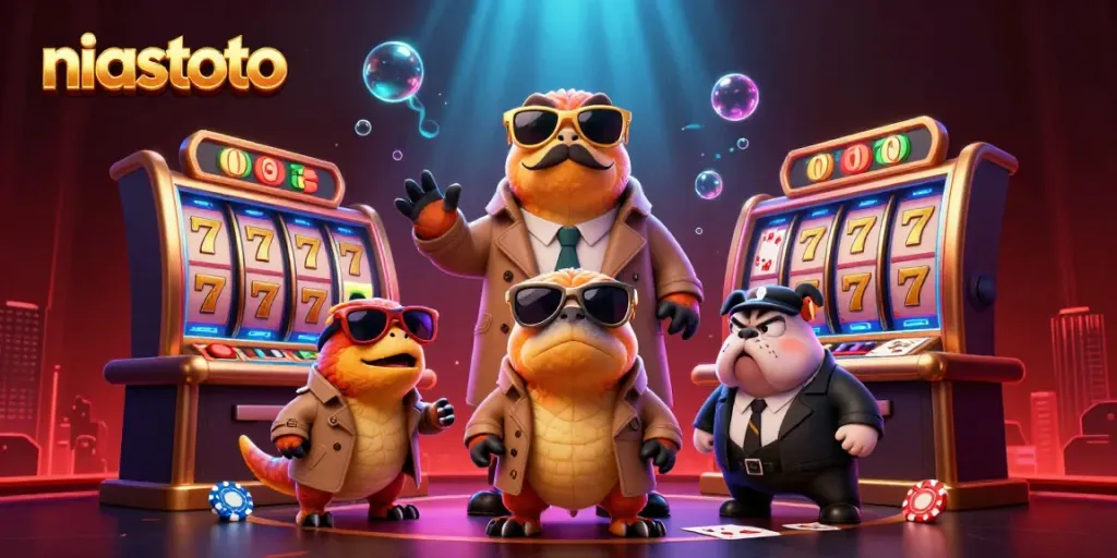 Experience thrilling niastoto gameplay with cheerful raptors in a vibrant casino scene.
