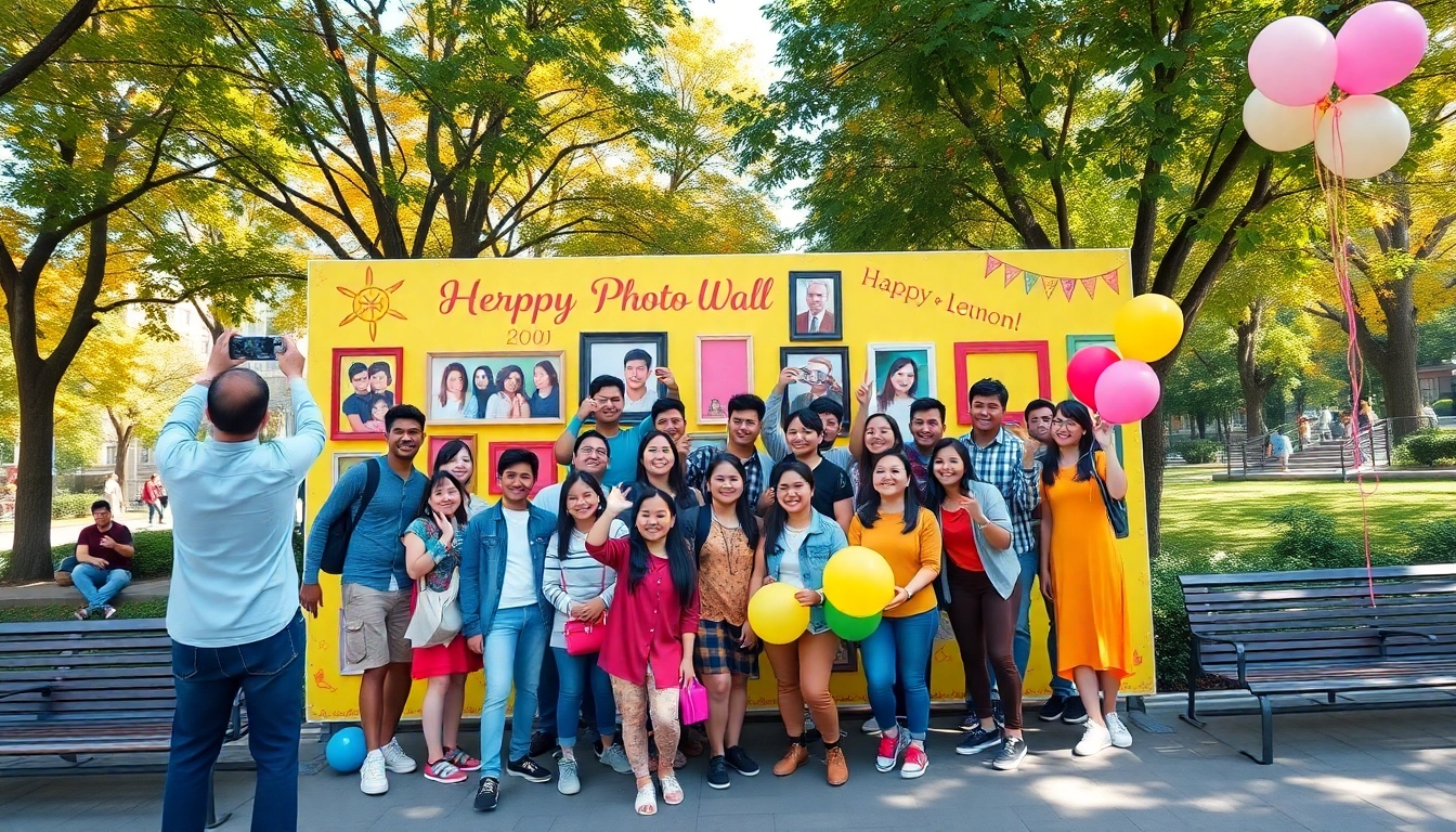 Engaging interactive photo wall captures vibrant moments of individuals enjoying selfies.
