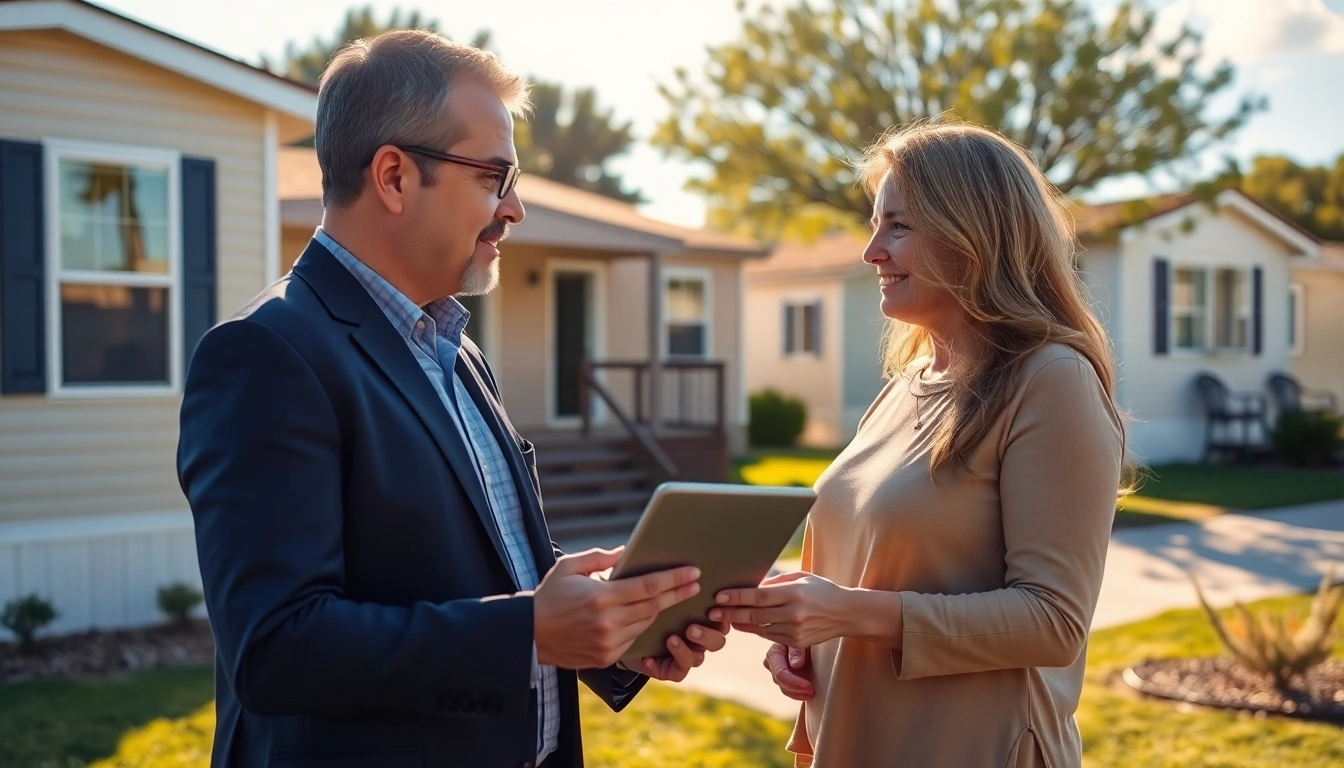 Sell my mobile home consultation with an agent in a sunny neighborhood.
