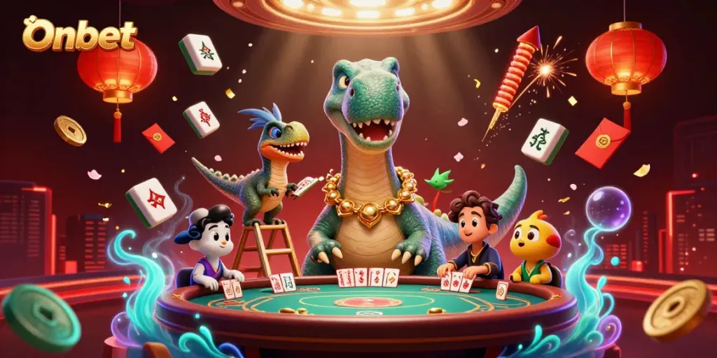 Onbet-themed casino illustration featuring a giant brontosaurus overlooking poker players with dynamic gaming elements.