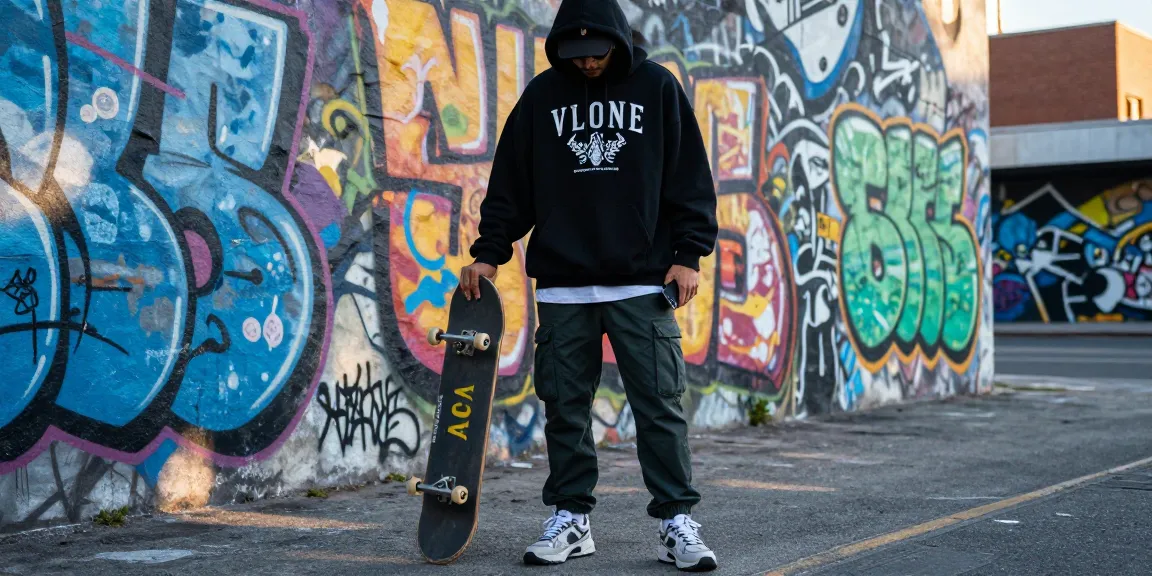 Confident individual in Vlone fashion showcasing urban street style with Vlone hoodie.