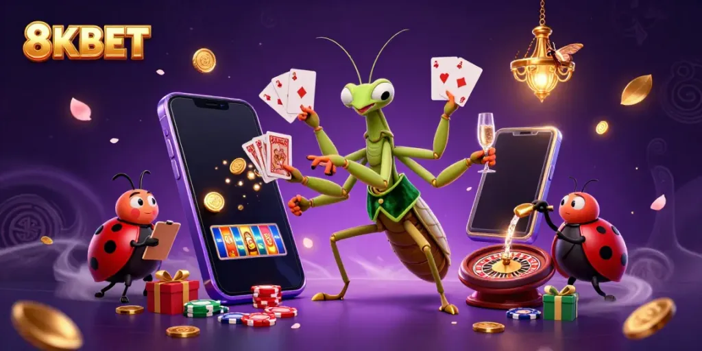 Engaging scene showcasing 8KBET's vibrant casino environment with dynamic characters and colorful gaming elements.