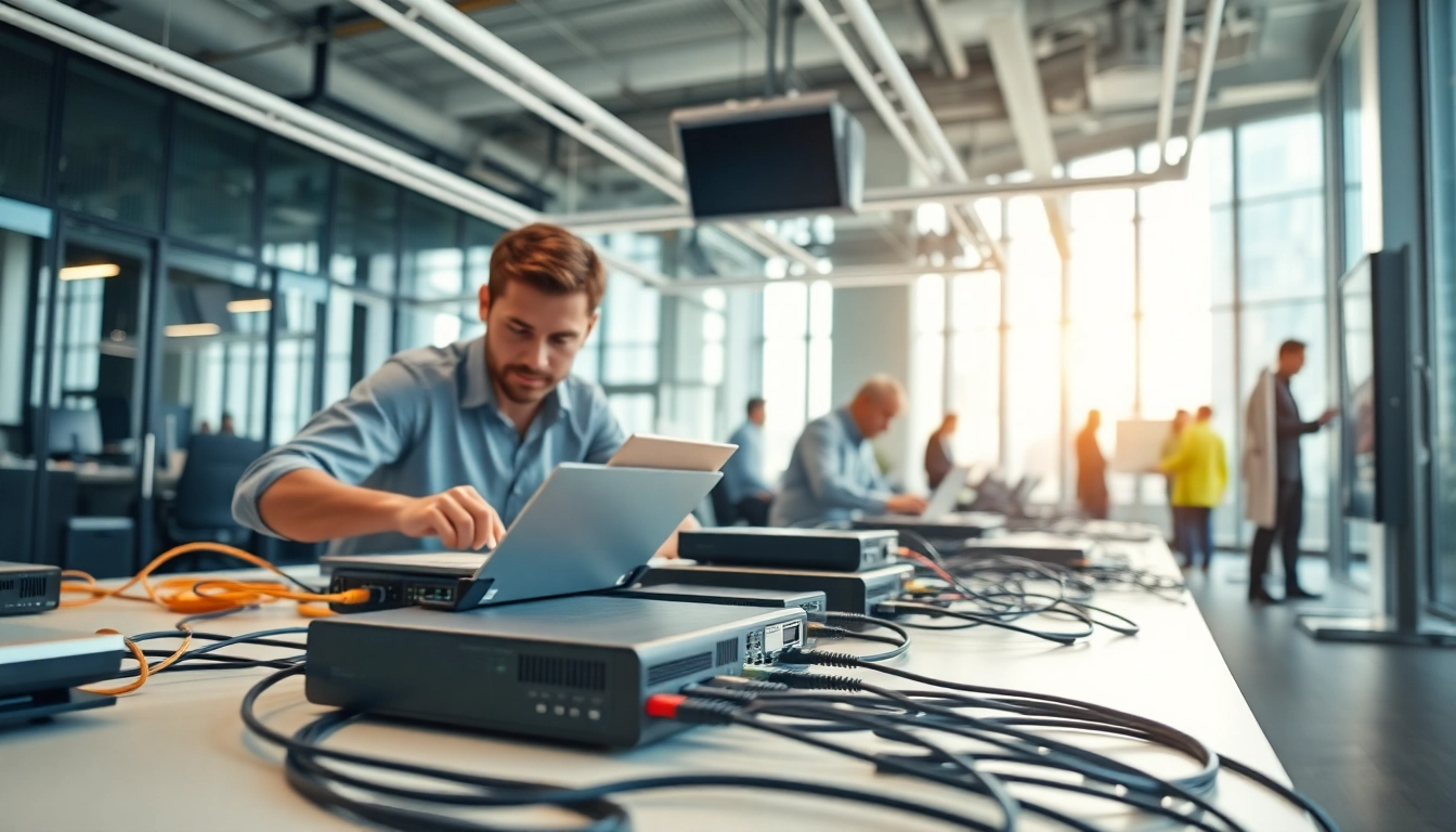 Technicians installing Manchester communication systems in a modern urban office setting.