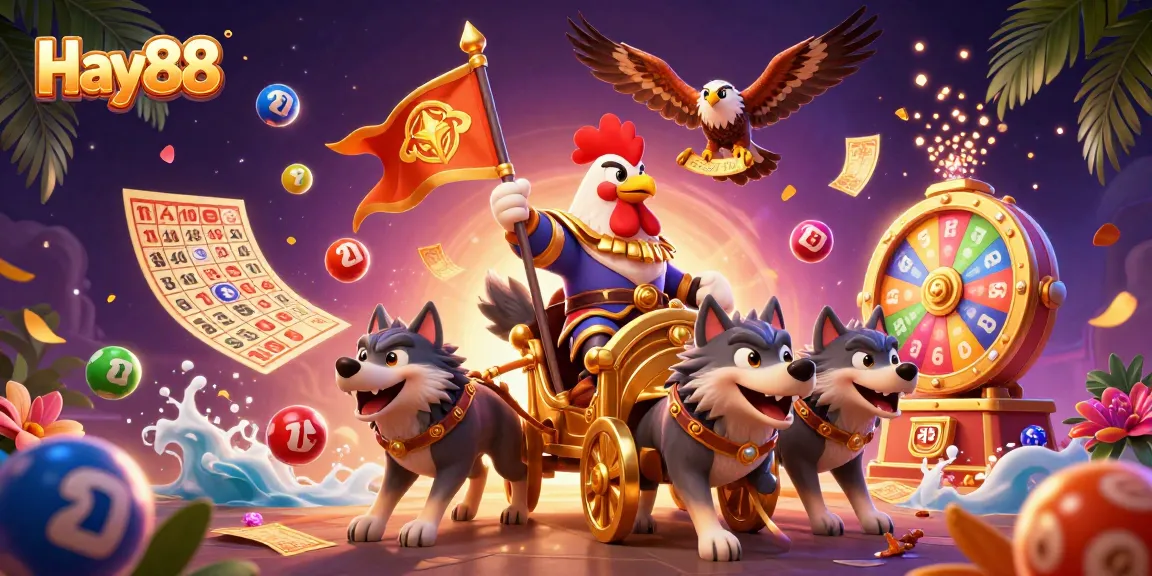 Experience thrilling gaming at Hay88 with a vibrant illustration of a rooster warlord and dynamic lottery elements.