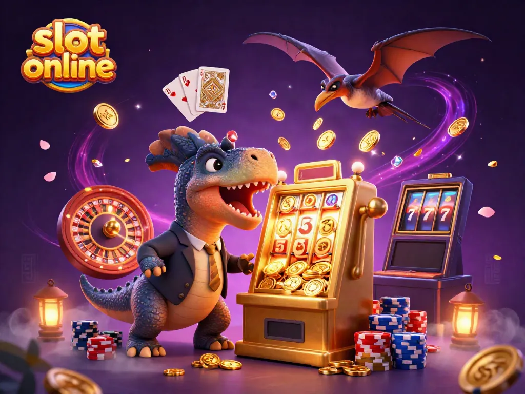 Engaging scene of a pachycephalosaurus triggering a jackpot in a casino, showcasing the excitement of slot online.