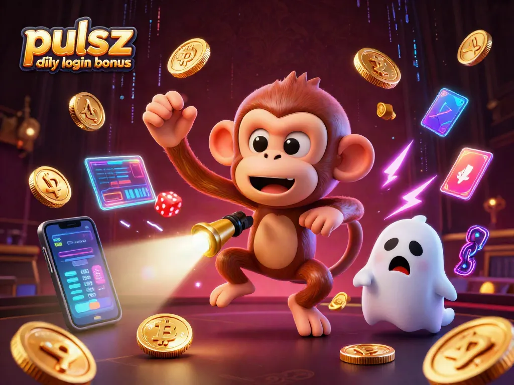 Pulsz daily login bonus scene with a playful monkey juggling and a curious puppy in a haunted casino