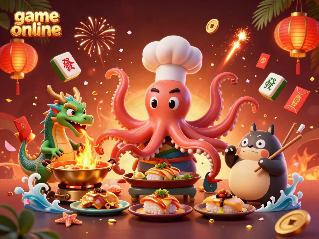 Play game online with vibrant 3D illustration featuring sushi chef octopus and dragon in action.