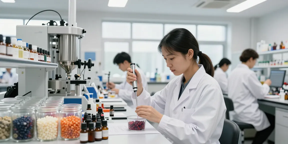 Fragrance Beads Manufacturer showcasing skilled perfumer measuring oils with colorful beads in a high-tech lab.