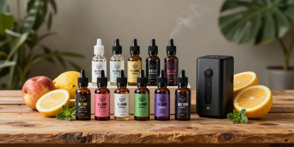 Colorful collection of Alt Zero E-Liquid 100mls bottles displayed with fresh fruits and herbs.