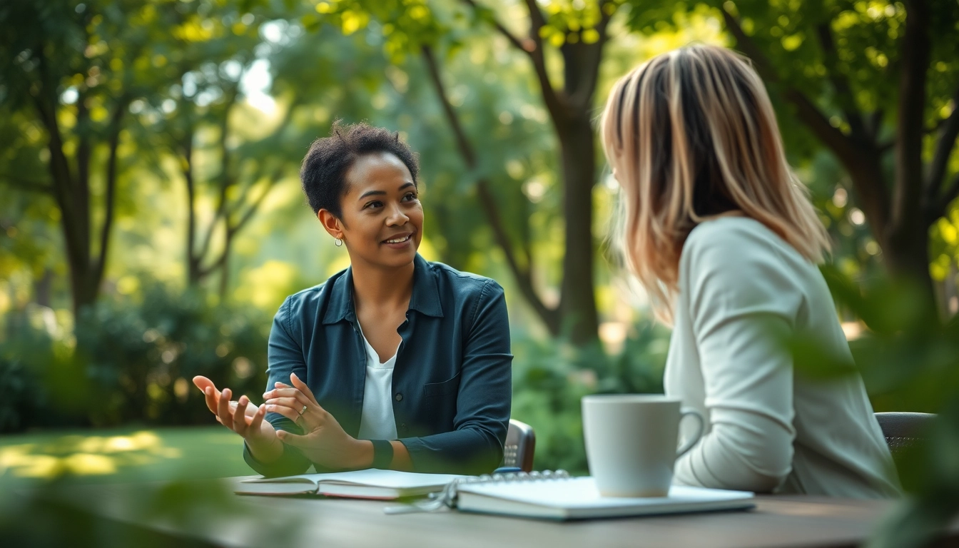 Engaged life coaching session in nature, illustrating empowerment and connection.