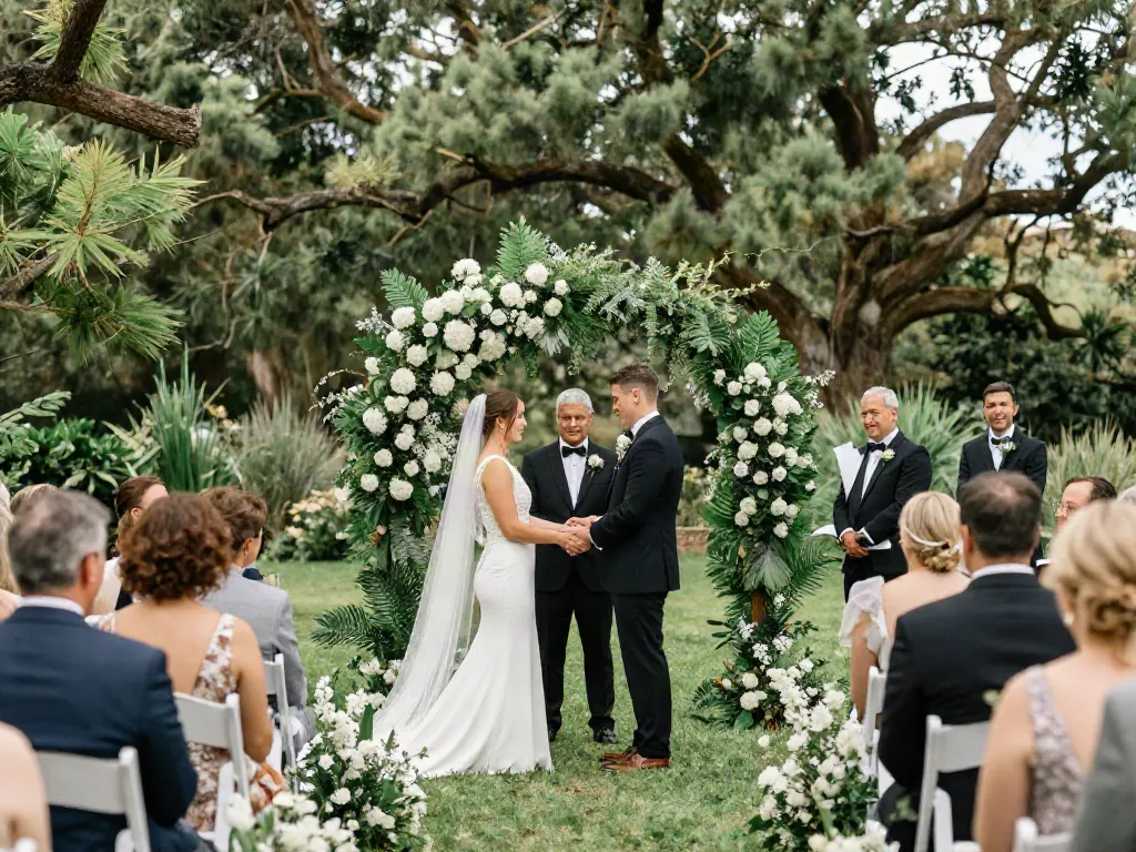 documentary wedding photographer in Dunedin capturing an outdoor ceremony with lush greenery
