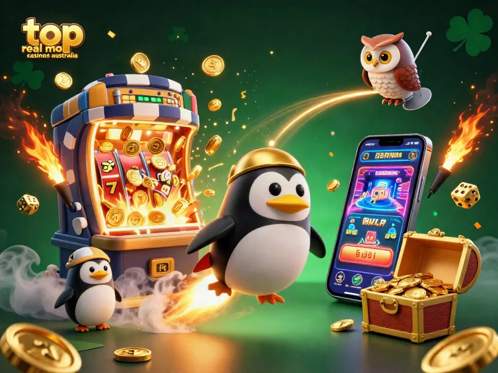 Experience the thrill of top real money casinos Australia with a penguin flying to a jackpot space station.