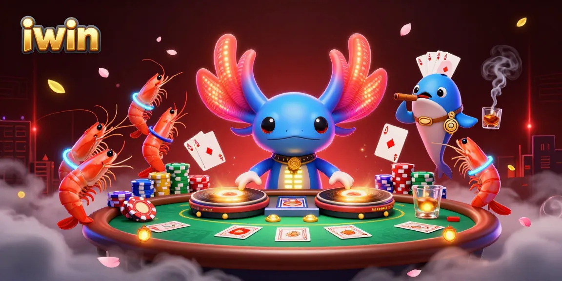 Engage in iwin with vibrant digital casino scene featuring DJ axolotl, shrimp dancers, and poker elements.