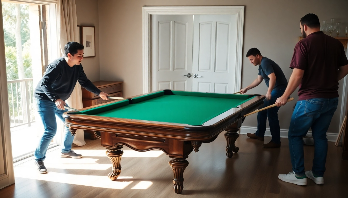 Efficient Pool Table Locating Service transporting a vintage table in a well-lit home during the relocation.