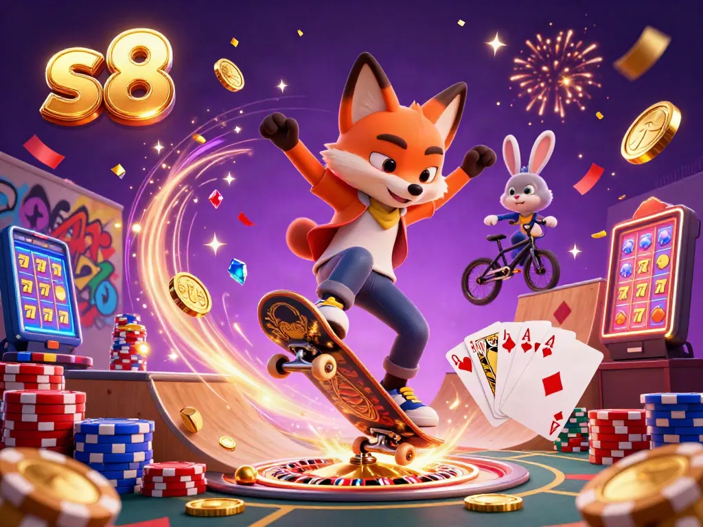 S8 enhances gambling adventures in a vibrant 3D cartoon world with friends flipping and winning.