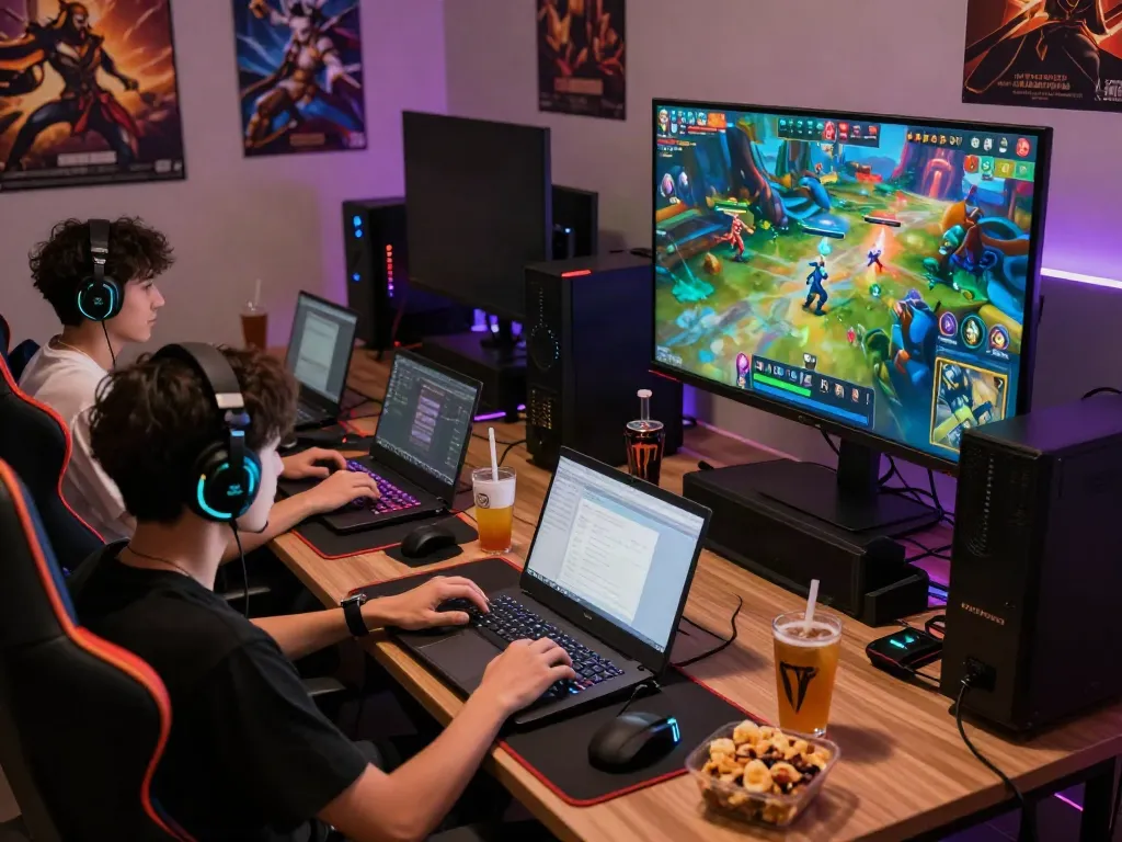 Group of gamers immersed in QQMacan gameplay, vibrant lighting enhances the exciting atmosphere.
