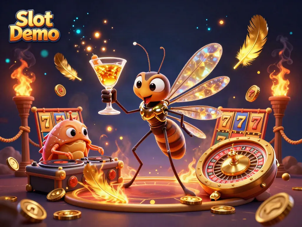 Engage with Slot Demo's vibrant scene of a casino mascot, trilobite DJ, and a golden roulette wheel.