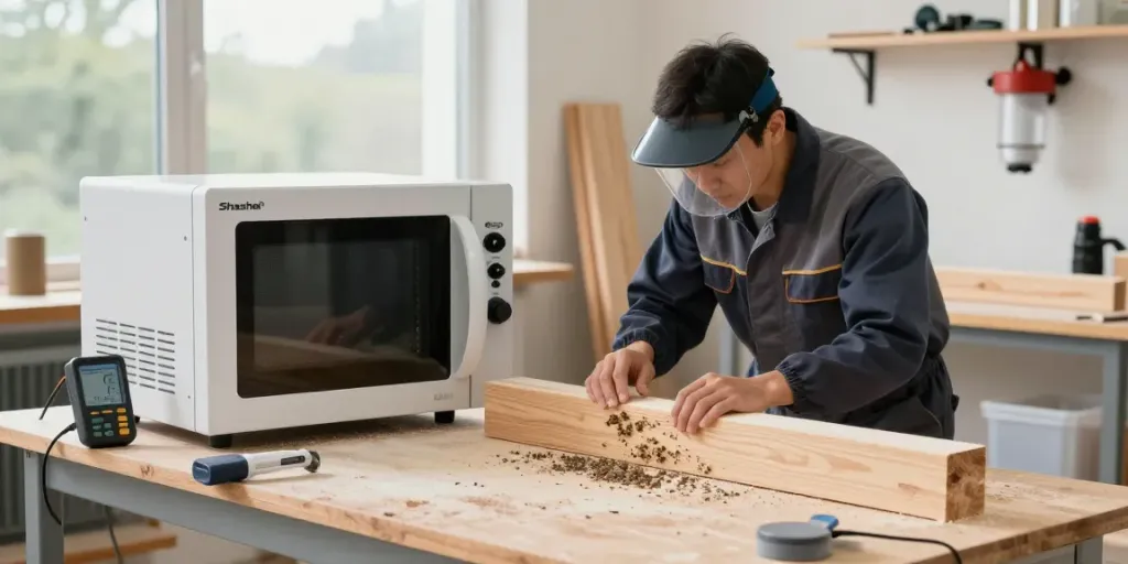 SHASHEL® technician using microwave equipment for eco-friendly woodworm treatment in a well-lit workshop.