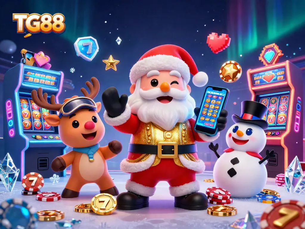 Engage in festive gaming fun with TG88 as a cartoon Santa holds jackpot slots in a vibrant casino scene.