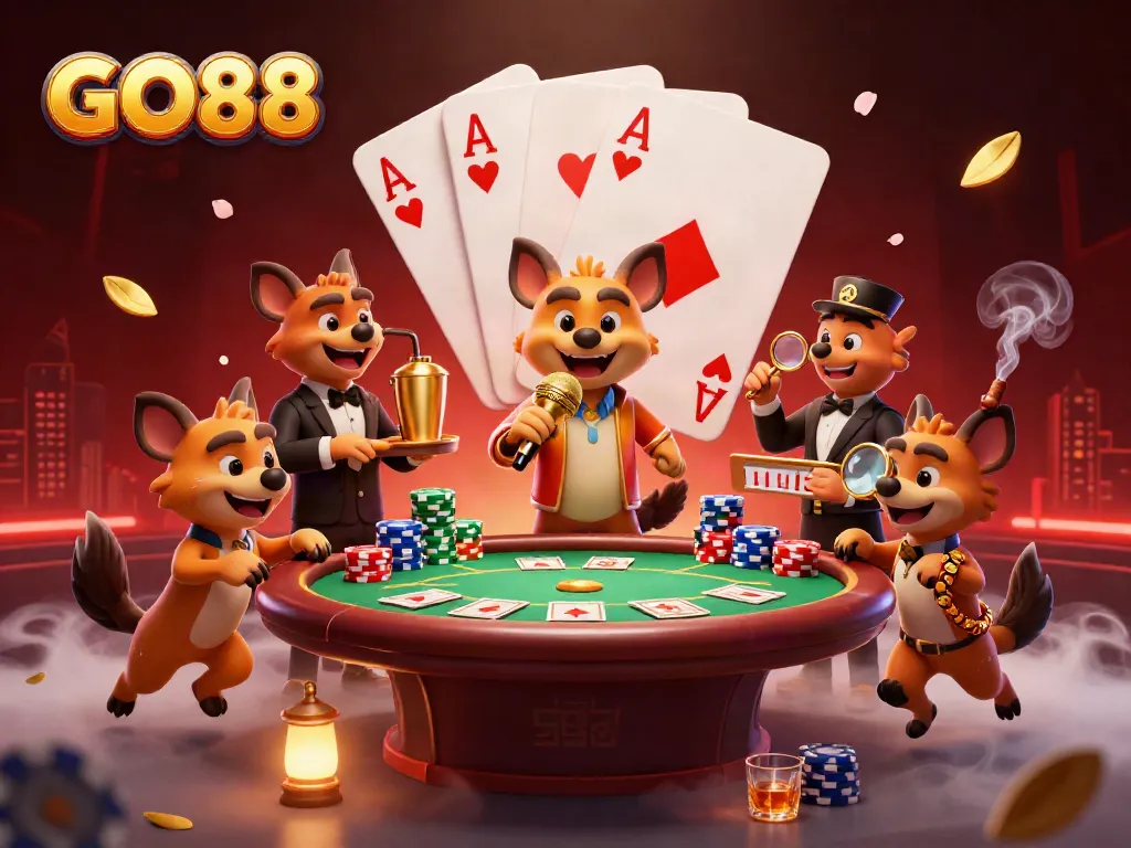 Experience the excitement of GO88 with a dynamic casino scene featuring hyenas in action.