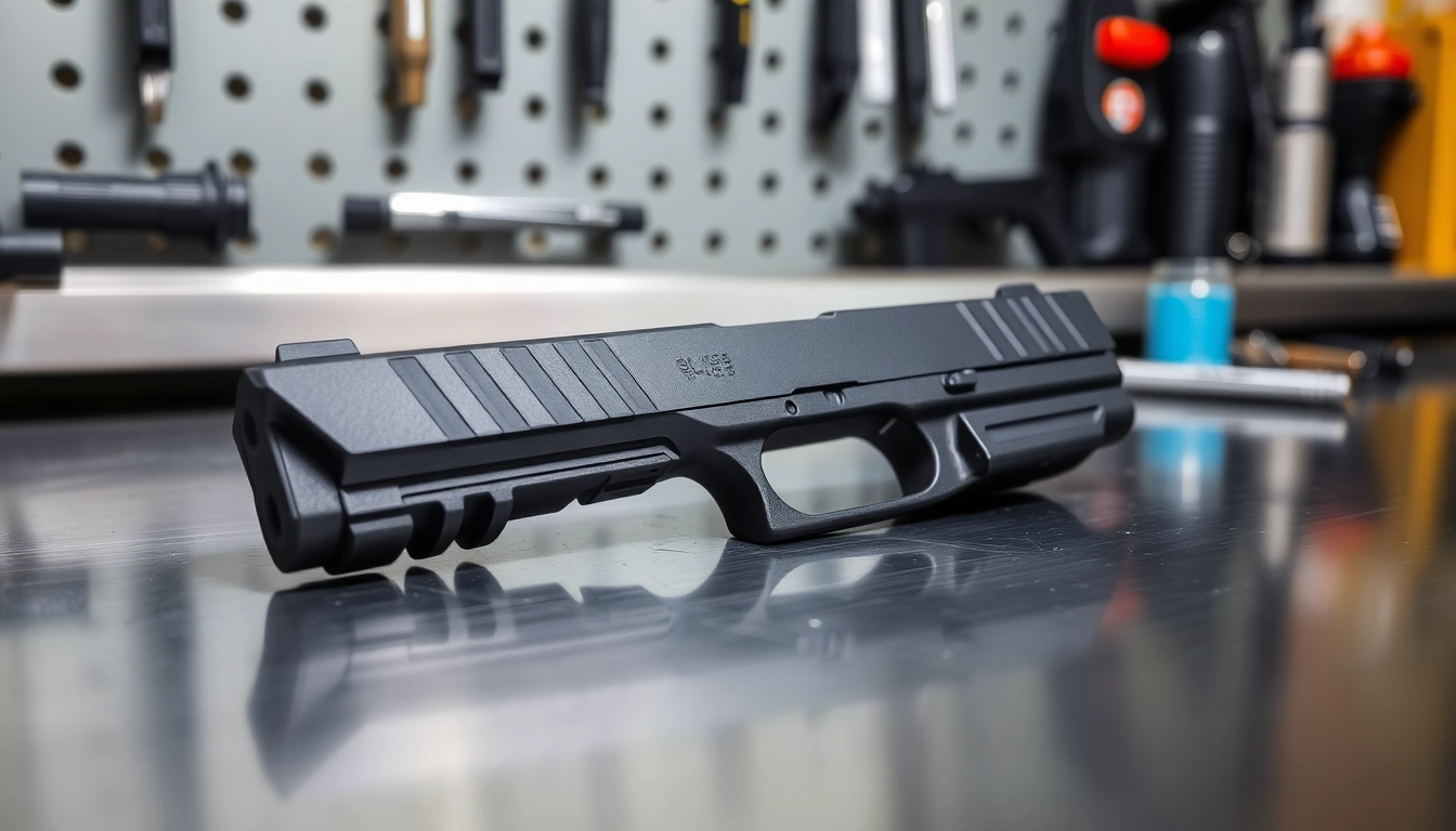 Showcase of glock 19 gen 3 slide on a smooth surface highlighting its design.