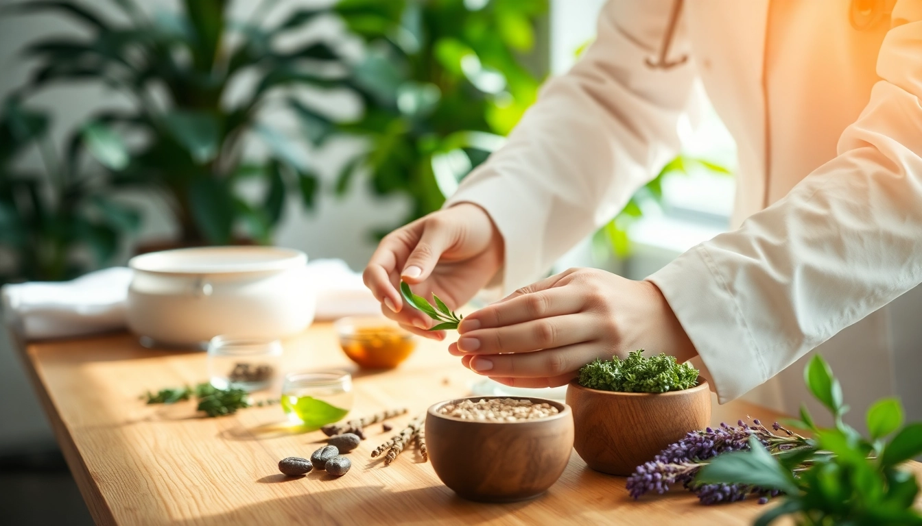Holistik ahli kesehatan menyiapkan ramuan herbal dengan suasana alami yang menenangkan.