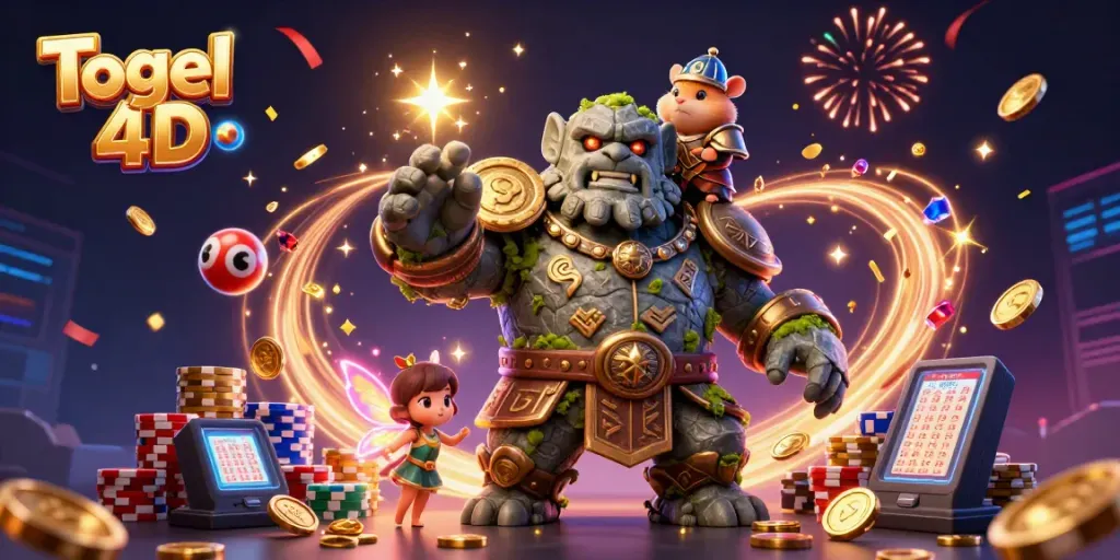 Ilustrasi 3D menakjubkan untuk Togel 4D dengan golem batu kuno, perwakilan peri, dan kesatria hamster.