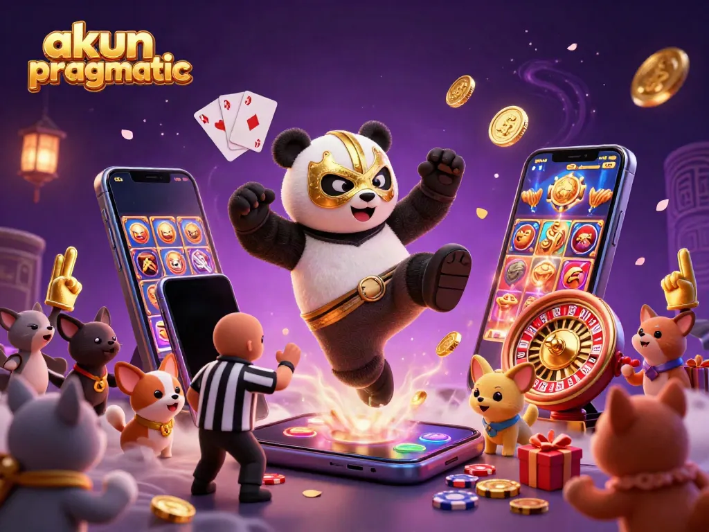 Experience the excitement of akun pragmatic with a lively 3D illustration of a panda wrestler in action.
